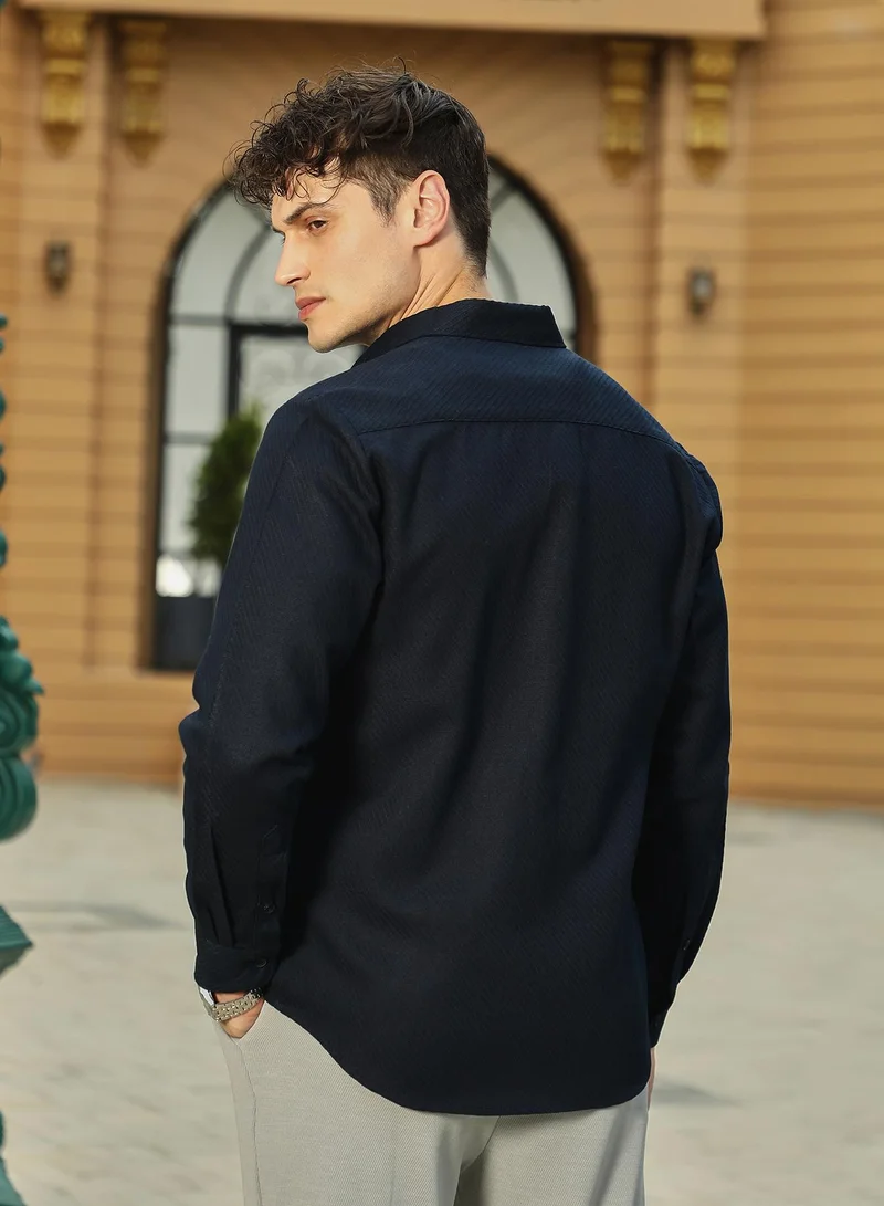 كامبوس سوترا Men's Navy Blue Slanted-Trough Shirt