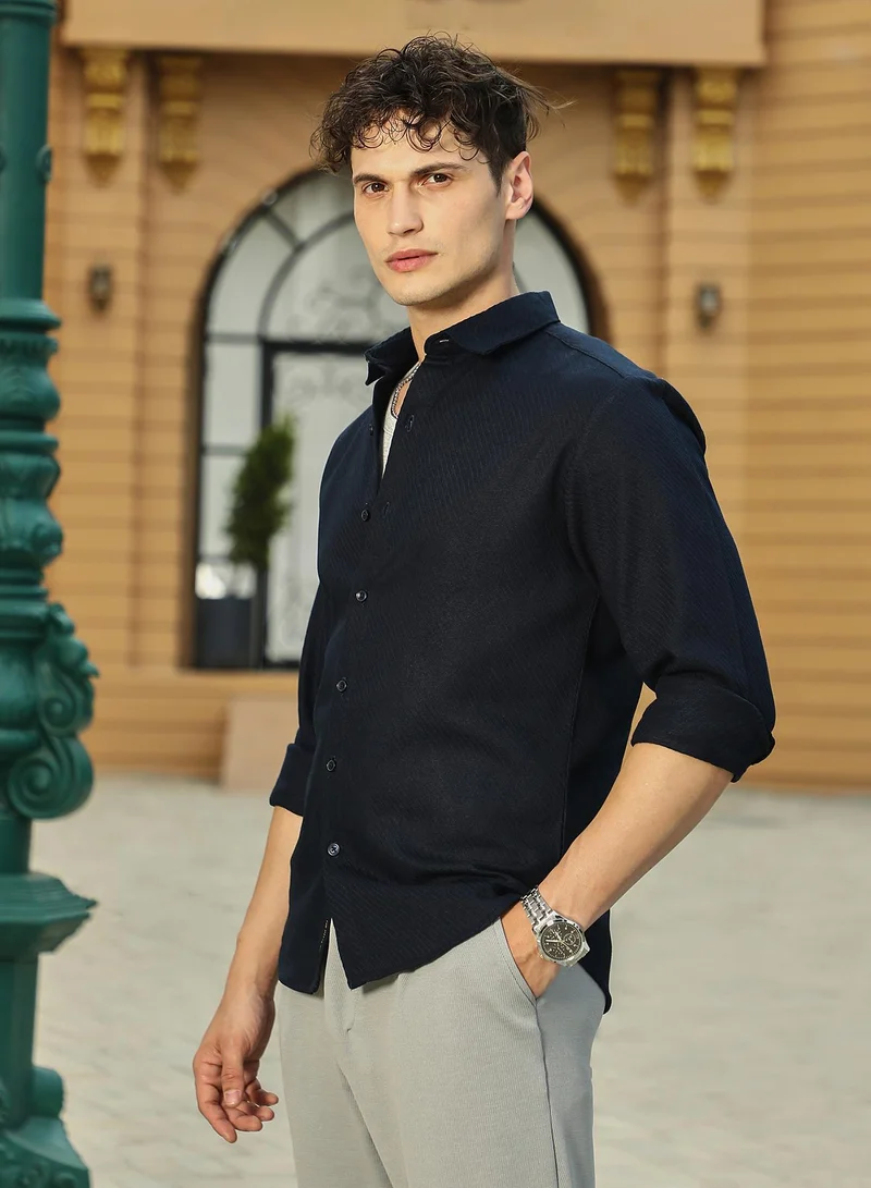 كامبوس سوترا Men's Navy Blue Slanted-Trough Shirt