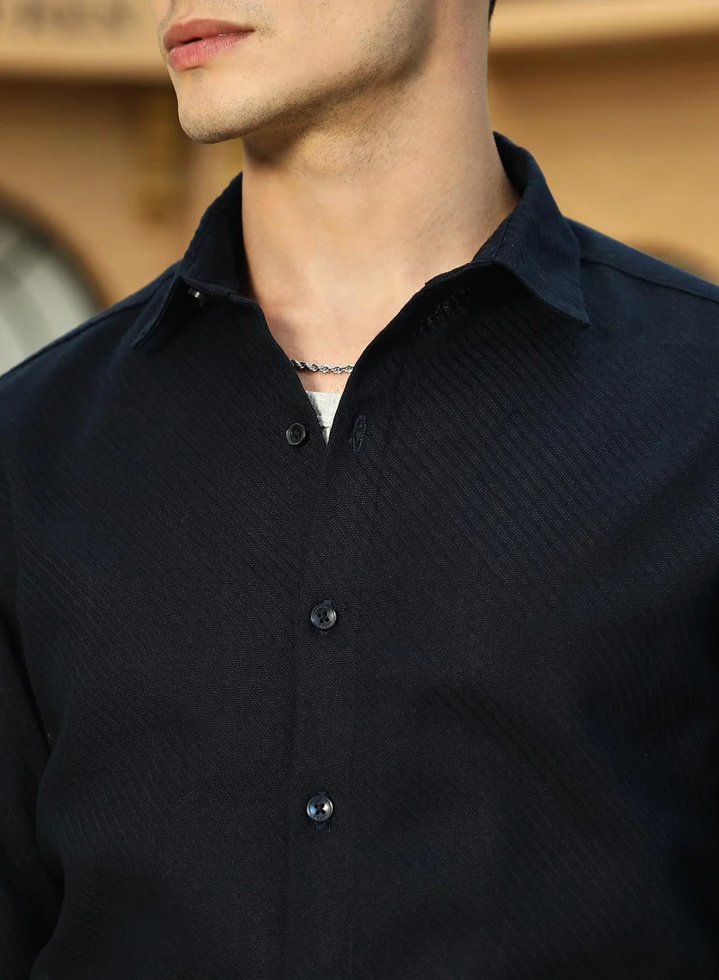 كامبوس سوترا Men's Navy Blue Slanted-Trough Shirt
