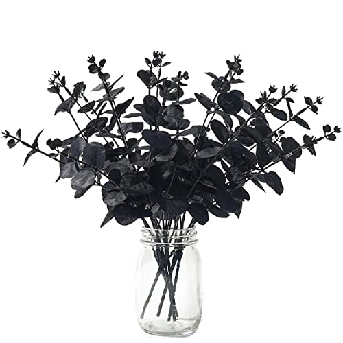Laelfe Black Eucalyptus Stems Leaves Branches Fake Flower Arrangement Farmhouse Home Bathroom Decor 6Pcs (Black) - Image 1