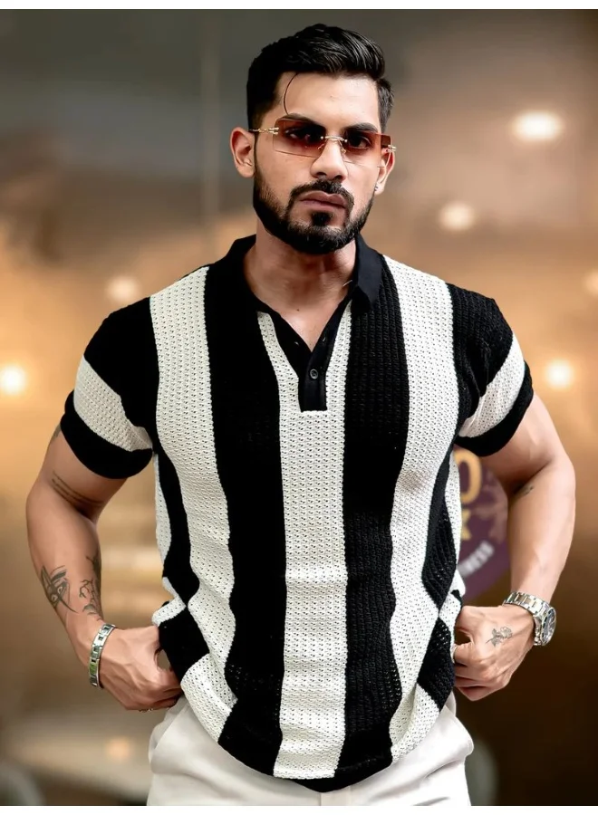 مانياك تيشيرت بولو رجالي نصف كم مخطط باللونين الأسود والأبيض من القطن المحبوك