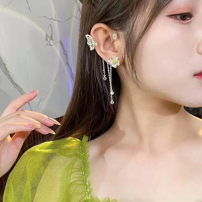 ChicAbode Gold Butterfly Ear Cuff Earrings for Women, No Piercing Cartilage Clip-On Earrings, Hypoallergenic Non-Fading Tassel Jewelry for Daily Wear, Party, Wedding, Ideal Gift for Girls and Ladies - Image 3
