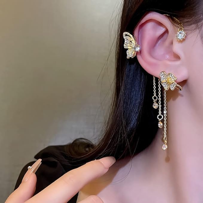 ChicAbode Gold Butterfly Ear Cuff Earrings for Women, No Piercing Cartilage Clip-On Earrings, Hypoallergenic Non-Fading Tassel Jewelry for Daily Wear, Party, Wedding, Ideal Gift for Girls and Ladies - Image 5