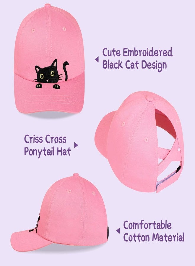 ACTLATI Girls Criss Cross Ponytail Hat Black Cat Baseball Cap Kids Adjustable Cotton Hats Funny Embroidered Sun Hat Age 3-14 - Image 3