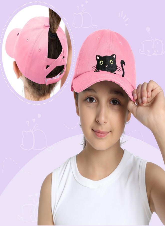 ACTLATI Girls Criss Cross Ponytail Hat Black Cat Baseball Cap Kids Adjustable Cotton Hats Funny Embroidered Sun Hat Age 3-14 - Image 2