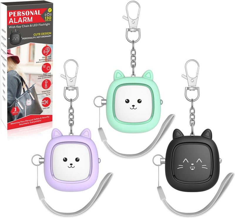 VIGOROAD Safe Sound Personal Alarm,3 Pack 130 dB Loud Siren Song Emergency Security Alarm Keychain with LED Light, Personal Sound Safety Siren for Women, Men, Children, Elderly (Black/Purple/Green) - Image 1