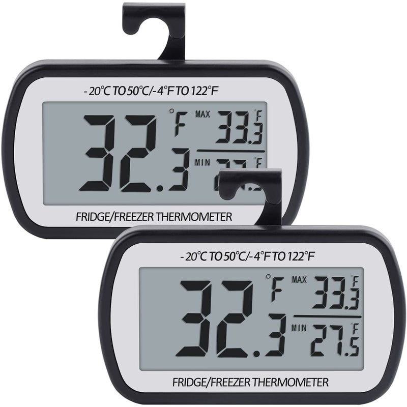 AEVETE Refrigerator Thermometer Digital Fridge Freezer Thermometer with Magnetic Back Large LCD No Frills Easy to Read Black2 Pack