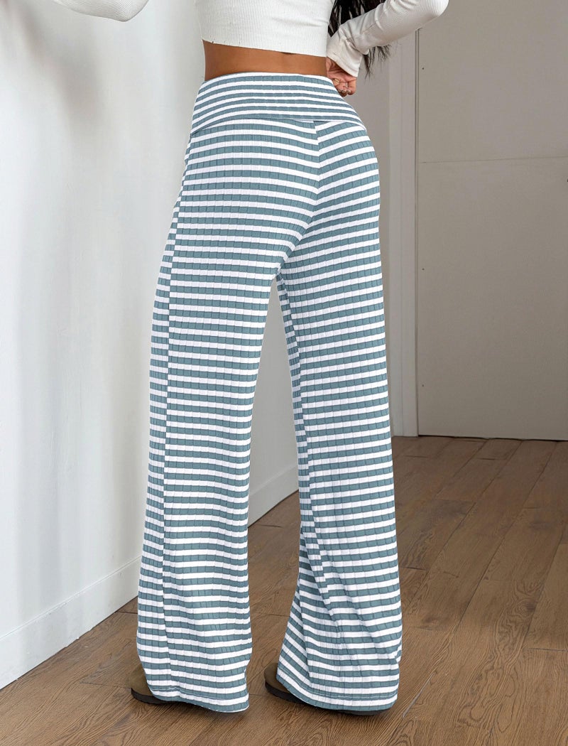 ZAFUL Women's Striped Pants Casual Fold Waist Wide Leg Pants Lightweight Comfy Stretchy Loose Lounge Pajama Pants(1-Blue,L) - Image 2