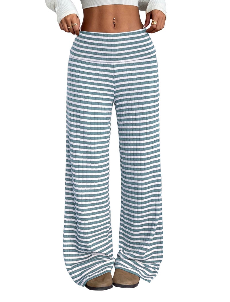 ZAFUL Women's Striped Pants Casual Fold Waist Wide Leg Pants Lightweight Comfy Stretchy Loose Lounge Pajama Pants(1-Blue,L) - Image 1