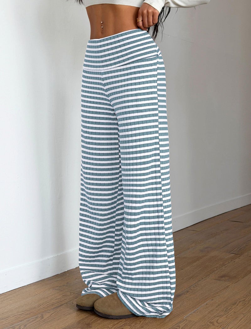 ZAFUL Women's Striped Pants Casual Fold Waist Wide Leg Pants Lightweight Comfy Stretchy Loose Lounge Pajama Pants(1-Blue,L) - Image 5