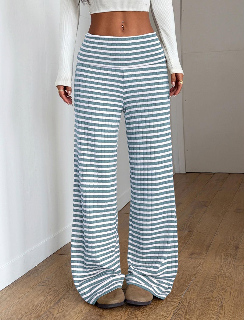 ZAFUL Women's Striped Pants Casual Fold Waist Wide Leg Pants Lightweight Comfy Stretchy Loose Lounge Pajama Pants(1-Blue,L) - Image 3