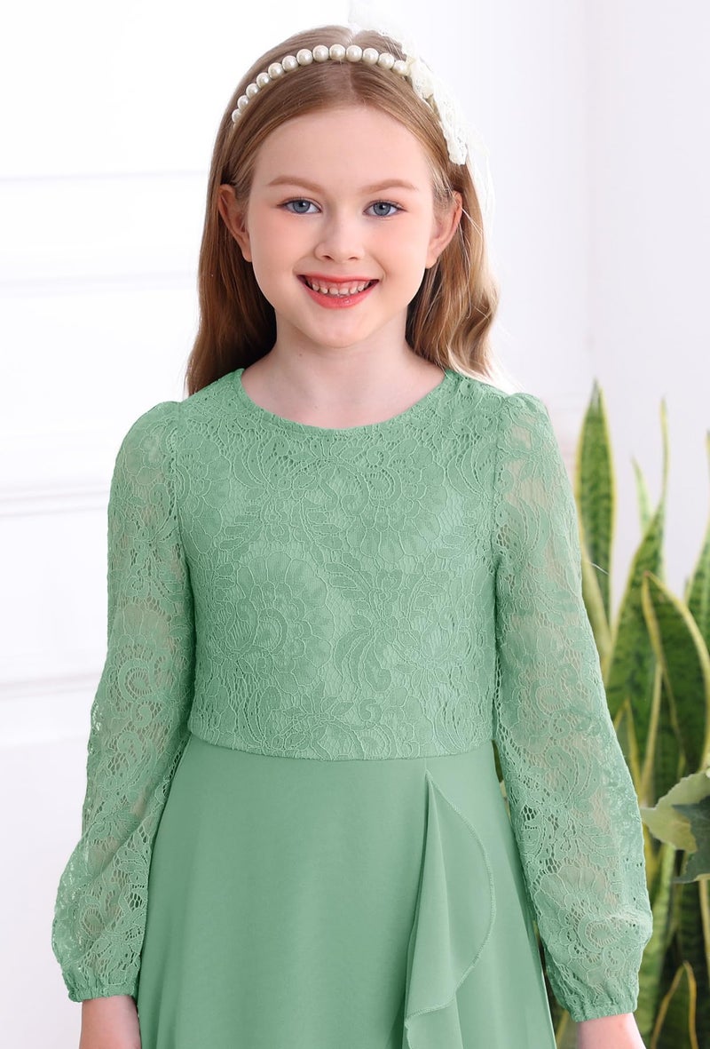 HOSIKA Girls Long Sleeve Fall Dress Floral Lace Wedding Guest Flower Girls Dresses for 6-12 Years - Image 5