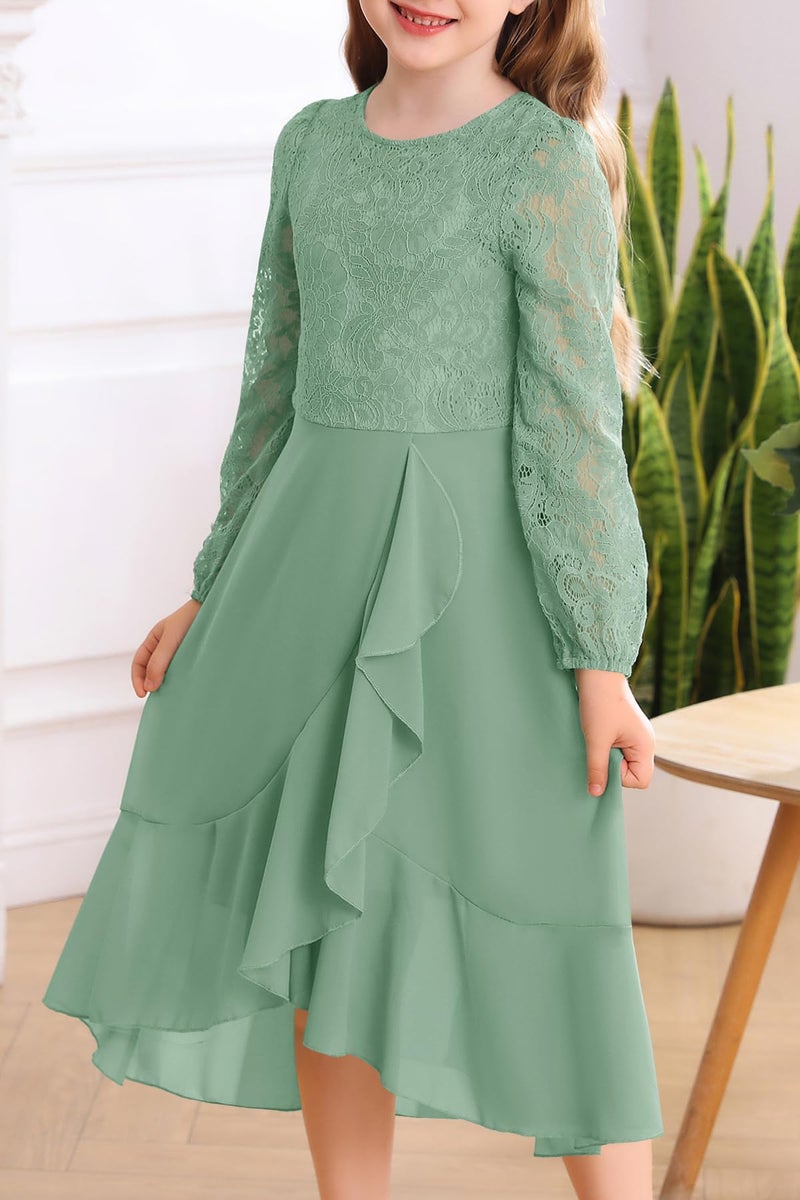 HOSIKA Girls Long Sleeve Fall Dress Floral Lace Wedding Guest Flower Girls Dresses for 6-12 Years - Image 3