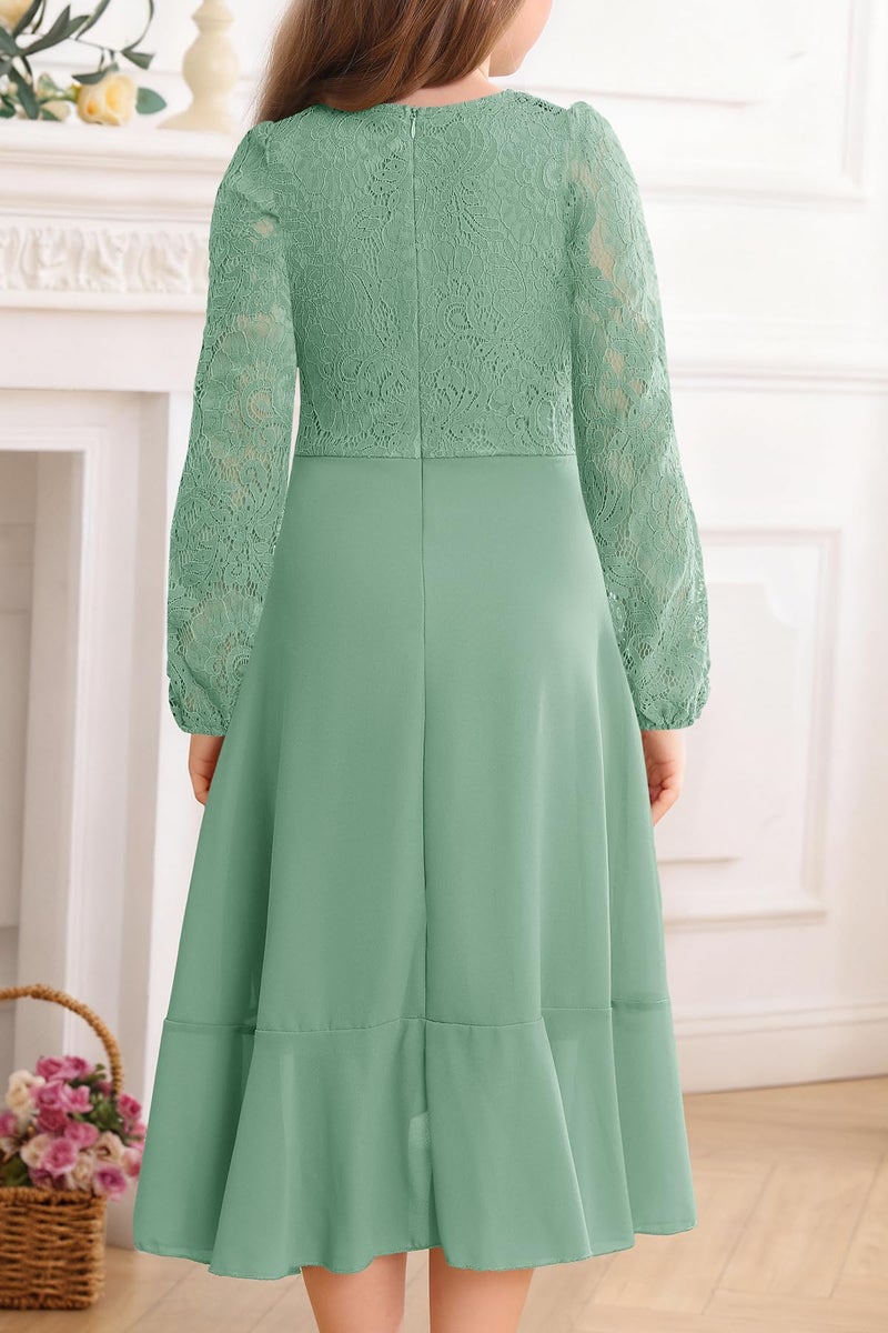 HOSIKA Girls Long Sleeve Fall Dress Floral Lace Wedding Guest Flower Girls Dresses for 6-12 Years - Image 4