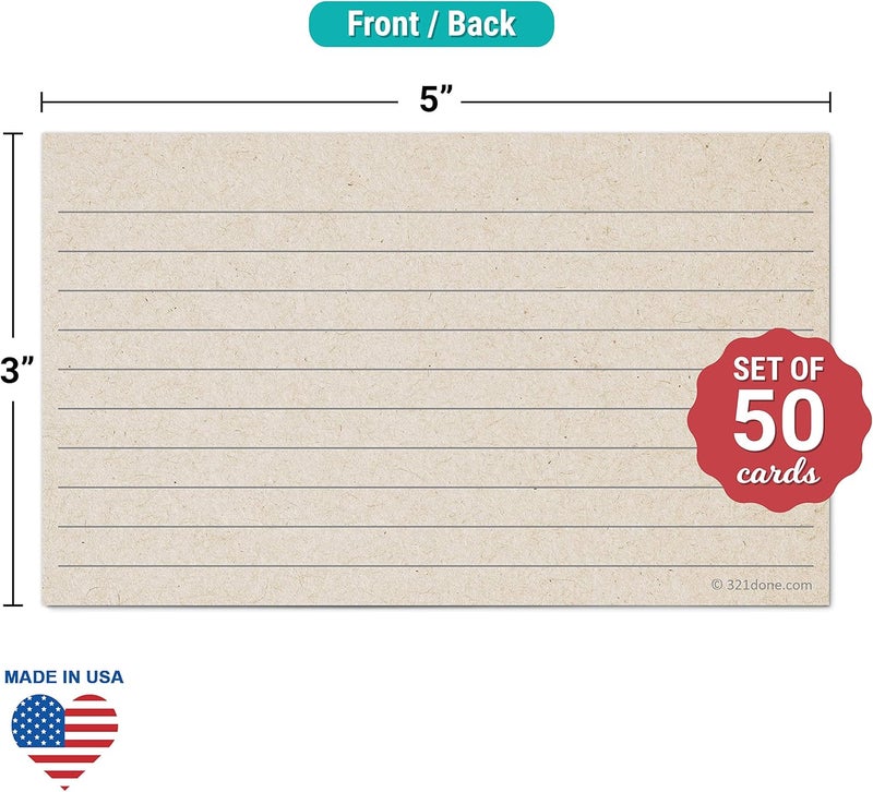 321Done Rustic Ruled Index Cards - Made in USA – Small 3x5 (Set of 50), Kraft Tan, Narrow-Ruled Lined Notecards Double-Sided, Thick Heavy Duty Cardstock, Simple Cute Pretty Note Cards with Lines - Image 2