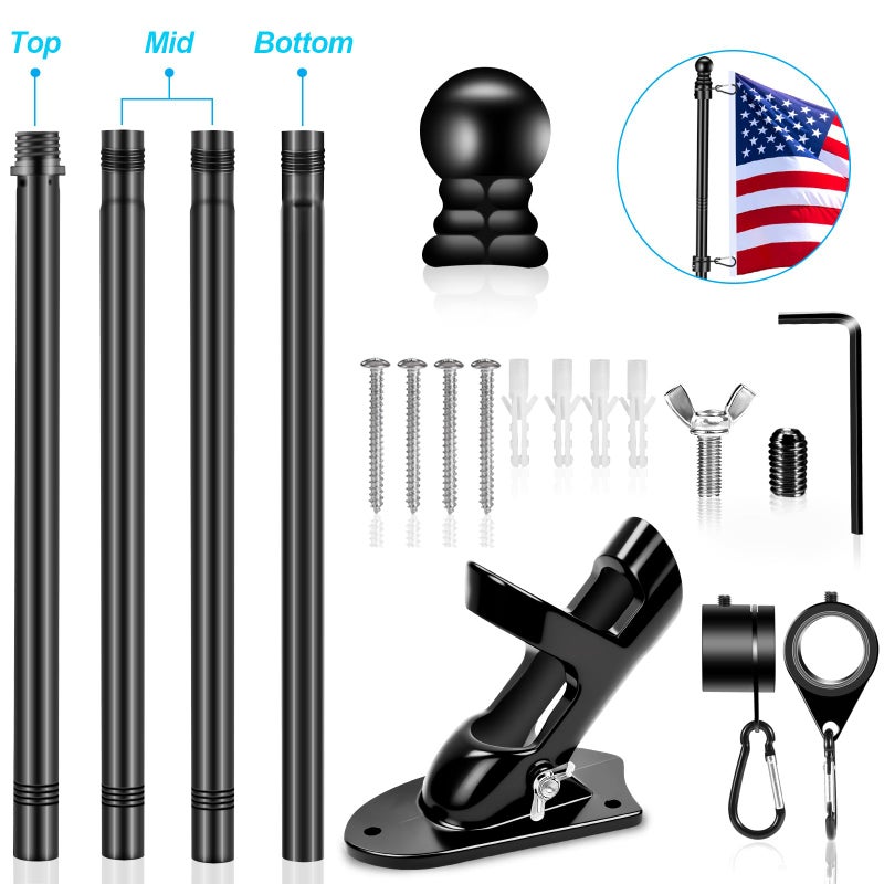 REERON 5 FT House Flag Pole Kit, 1" Spinning Thicken Stainless Steel Metal Flagpoles for Outside House Porch Post Wall Mount with 2-Position Flagpole Holder Bracket & 360Â° Flag Ring for 3x5 Flag(5 FT, Black) - Image 2