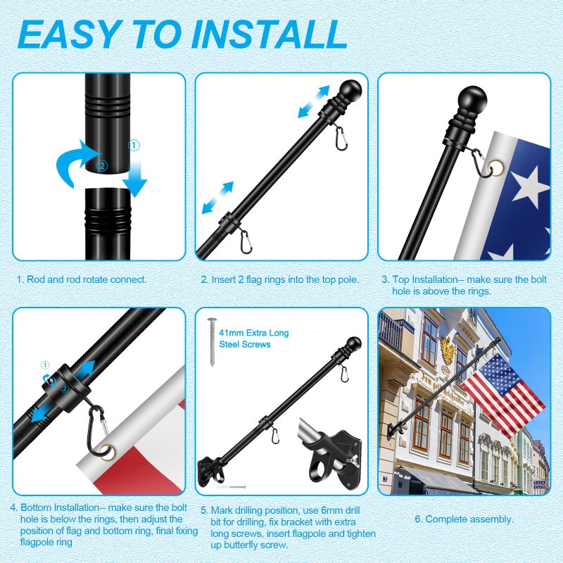 REERON 5 FT House Flag Pole Kit, 1" Spinning Thicken Stainless Steel Metal Flagpoles for Outside House Porch Post Wall Mount with 2-Position Flagpole Holder Bracket & 360Â° Flag Ring for 3x5 Flag(5 FT, Black) - Image 5