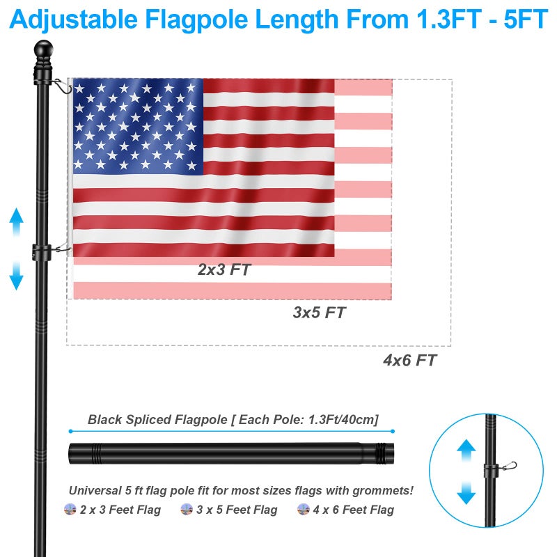 REERON 5 FT House Flag Pole Kit, 1" Spinning Thicken Stainless Steel Metal Flagpoles for Outside House Porch Post Wall Mount with 2-Position Flagpole Holder Bracket & 360Â° Flag Ring for 3x5 Flag(5 FT, Black) - Image 3