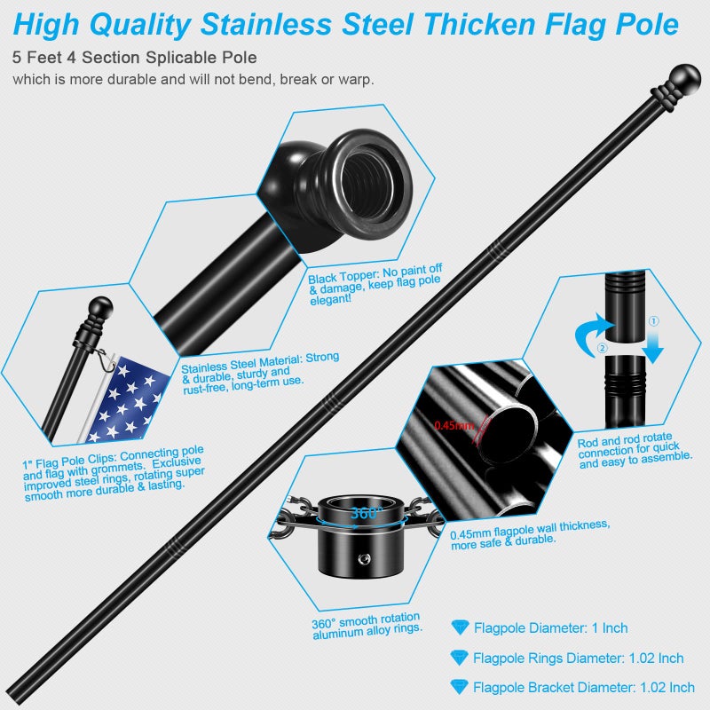 REERON 5 FT House Flag Pole Kit, 1" Spinning Thicken Stainless Steel Metal Flagpoles for Outside House Porch Post Wall Mount with 2-Position Flagpole Holder Bracket & 360Â° Flag Ring for 3x5 Flag(5 FT, Black) - Image 4