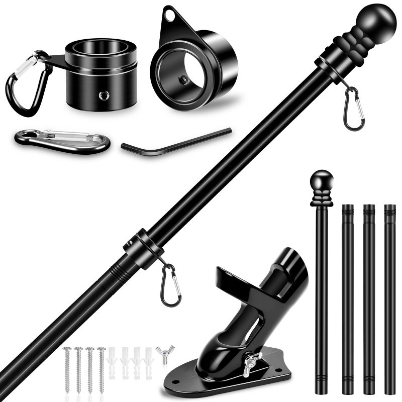 REERON 5 FT House Flag Pole Kit, 1" Spinning Thicken Stainless Steel Metal Flagpoles for Outside House Porch Post Wall Mount with 2-Position Flagpole Holder Bracket & 360Â° Flag Ring for 3x5 Flag(5 FT, Black) - Image 1