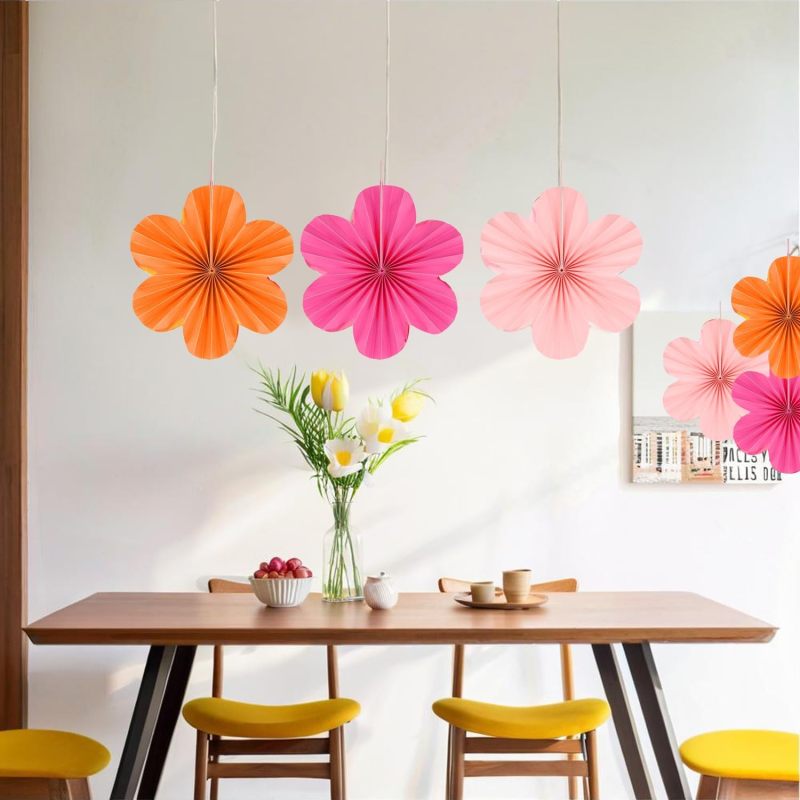 Flower pattern paper fan ornament (pink, red, orange) 9PC - Image 4