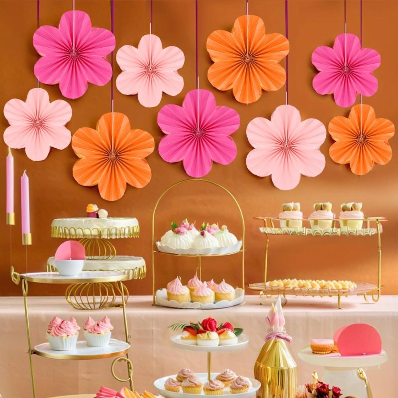 Flower pattern paper fan ornament (pink, red, orange) 9PC - Image 5