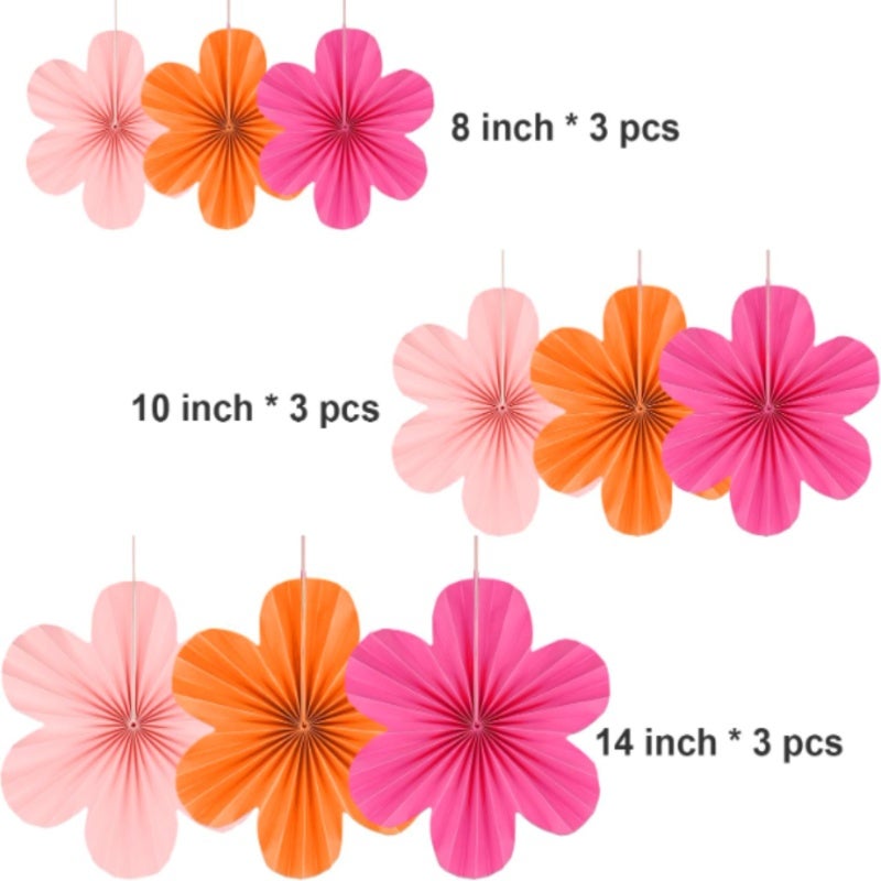 Flower pattern paper fan ornament (pink, red, orange) 9PC - Image 3