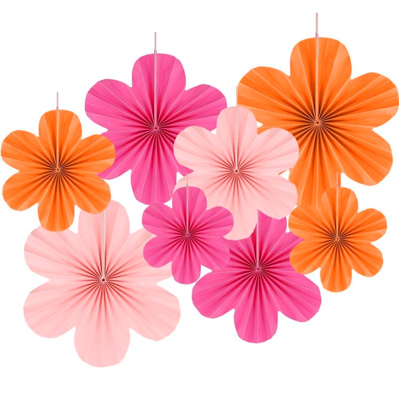 Flower pattern paper fan ornament (pink, red, orange) 9PC - Image 1