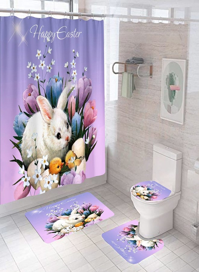 DDS-DUDES 4Pcs Easter Shower Curtain Sets，Funny Rabbit Easter and Blue Eggs for Bathroom Decor，Happy Easter Rabbit Waterproof Fabric Curtains with Hooks 71x71 inches (Colour F) - Image 1