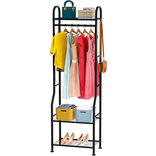 GloTika Narrow Clothes Rack - Clothing Rack with 3 Tier Metal Shelves, 71.9 Inch Tall Garment Rack with 8 Hooks, Freestanding Closet Organizer with Adjustable Leveling Feet for Small Space (Black) - Image 1