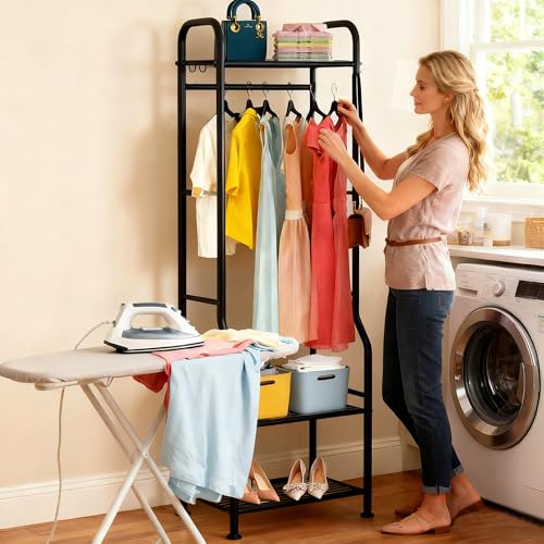 GloTika Narrow Clothes Rack - Clothing Rack with 3 Tier Metal Shelves, 71.9 Inch Tall Garment Rack with 8 Hooks, Freestanding Closet Organizer with Adjustable Leveling Feet for Small Space (Black) - Image 2