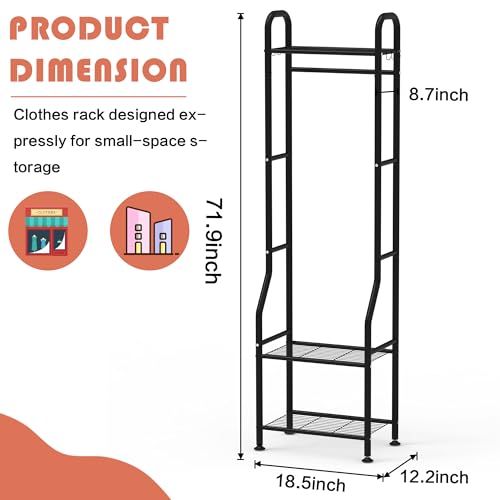 GloTika Narrow Clothes Rack - Clothing Rack with 3 Tier Metal Shelves, 71.9 Inch Tall Garment Rack with 8 Hooks, Freestanding Closet Organizer with Adjustable Leveling Feet for Small Space (Black) - Image 3