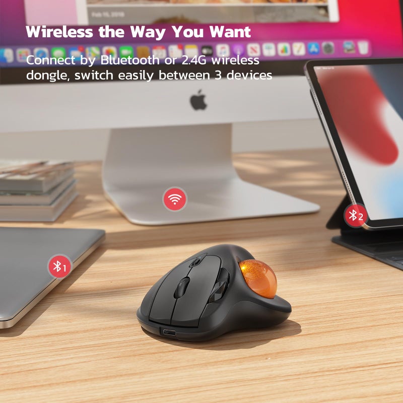 Nulea M501 Wireless Trackball Mouse, Rechargeable Ergonomic, Easy Thumb Control, Precise & Smooth Tracking, 3 Device Connection (Bluetooth or USB Receiver), Compatible for PC, Laptop, Mac (H-DOrange) - Image 4