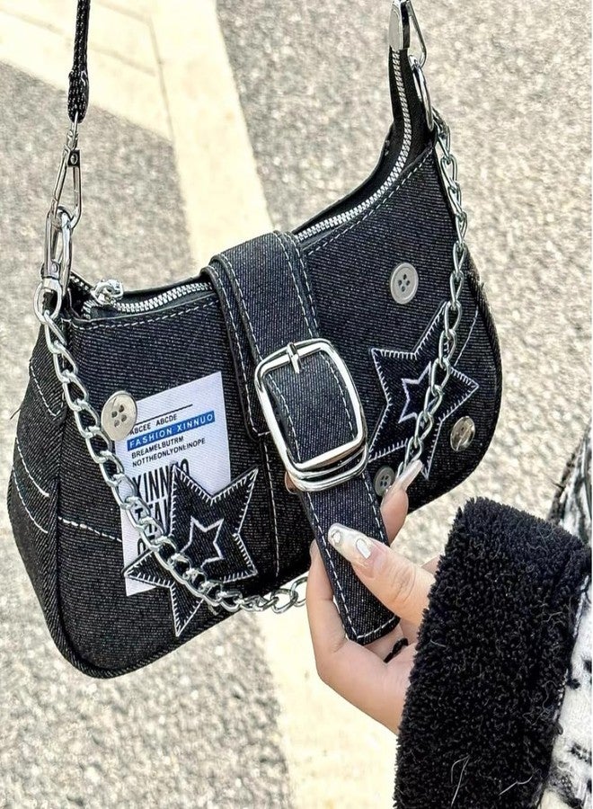 HIQUAY Grunge Hobo Bag Fairy Grunge Shoulder Bag Y2K Vintage Crossbody Bag for Women (Black) - Image 3