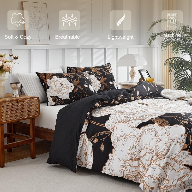 mixinni Floral Duvet Cover Queen Size, 3 Pieces White Flowers and Gold Leaves Printed on Black Bedding Set, Soft Premium Cotton Reversible Elegant Floral Duvet Cover Set for All Season-Queen Size - Image 2