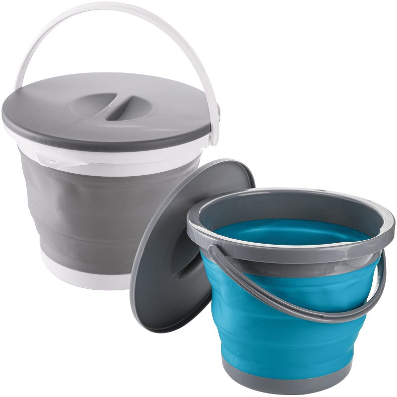 Bekith Bekith 2 Pack Collapsible Plastic Bucket with Locking Lid 5L  132 Gallon Foldable Round Tub Portable Fishing Water Pail for Hiking Backpacking Camping and Outdoor Survival Blue Gray