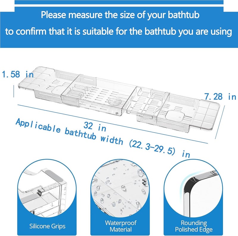 Baosia Expandable Bathtub Tray,Clear Plastic Anti-Slip Bath Tub Shelf Caddy Tray,Luxury Bathtub & Bathroom Accessories for Relaxing Spa,Suitable for bathtubs with an Internal Width of up to 29.5 inch - Image 2