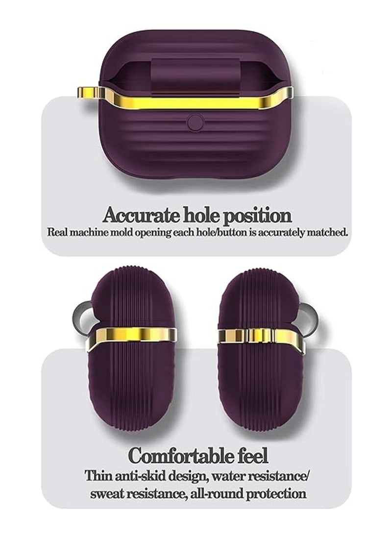 Generic - Protective Silicone Case Cover with Gold Metal and Ribbed Design for AirPods Pro with Carabiner Hook Anti-Scratch, Anti-Slip Purple/Gold - Image 1