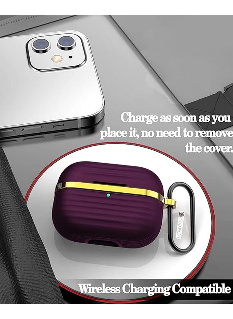 Generic - Protective Silicone Case Cover with Gold Metal and Ribbed Design for AirPods Pro with Carabiner Hook Anti-Scratch, Anti-Slip Purple/Gold - Image 1