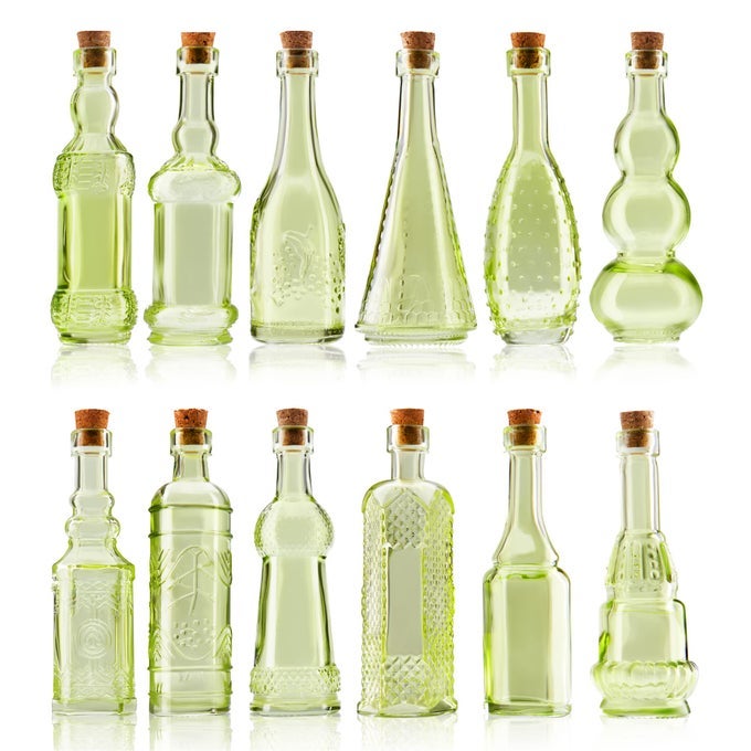 SMALL MINI GREEN VINTAGE GLASS BOTTLES WITH CORKS MINI VASES DECORATIVE POTION ASSORTED DESIGN SET OF 12 PCS 46 INCH TALL 1143CM 14 INCH WIDE 356CM