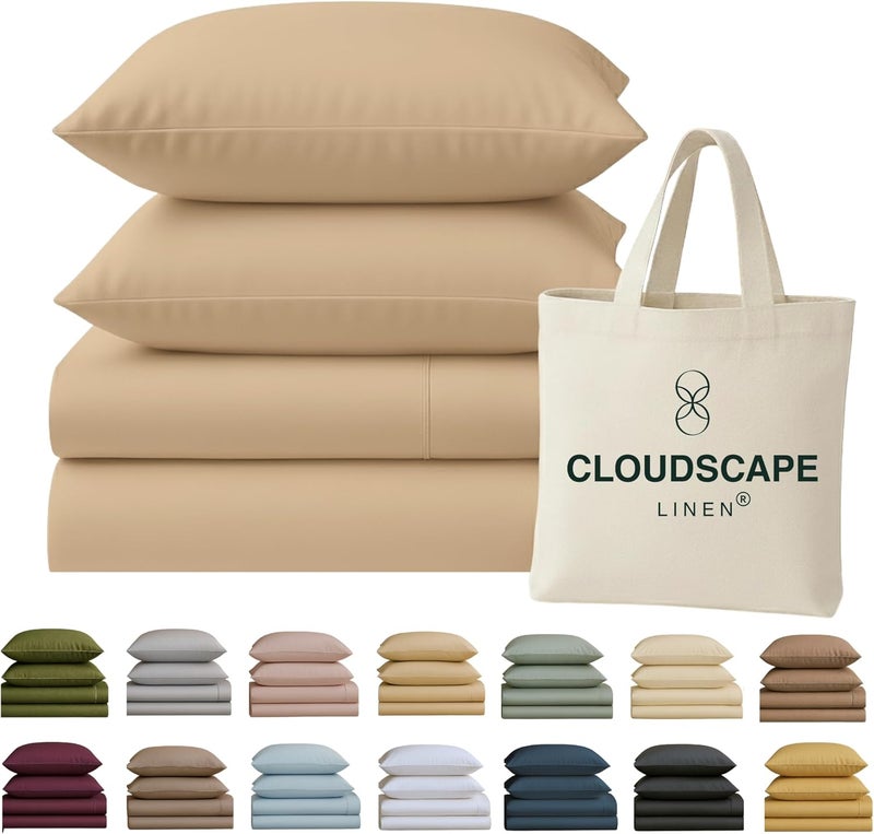 كلاود سكيب لينين مجموعة شراشف Cloud Scape Linen من القطن المصري 100% مقاس فول، عدد الخيوط 400، مجموعة شراشف سرير قطنية ناعمة ومتينة ومسامية، جيب عميق يصل إلى 16 بوصة، كتان - Image 1