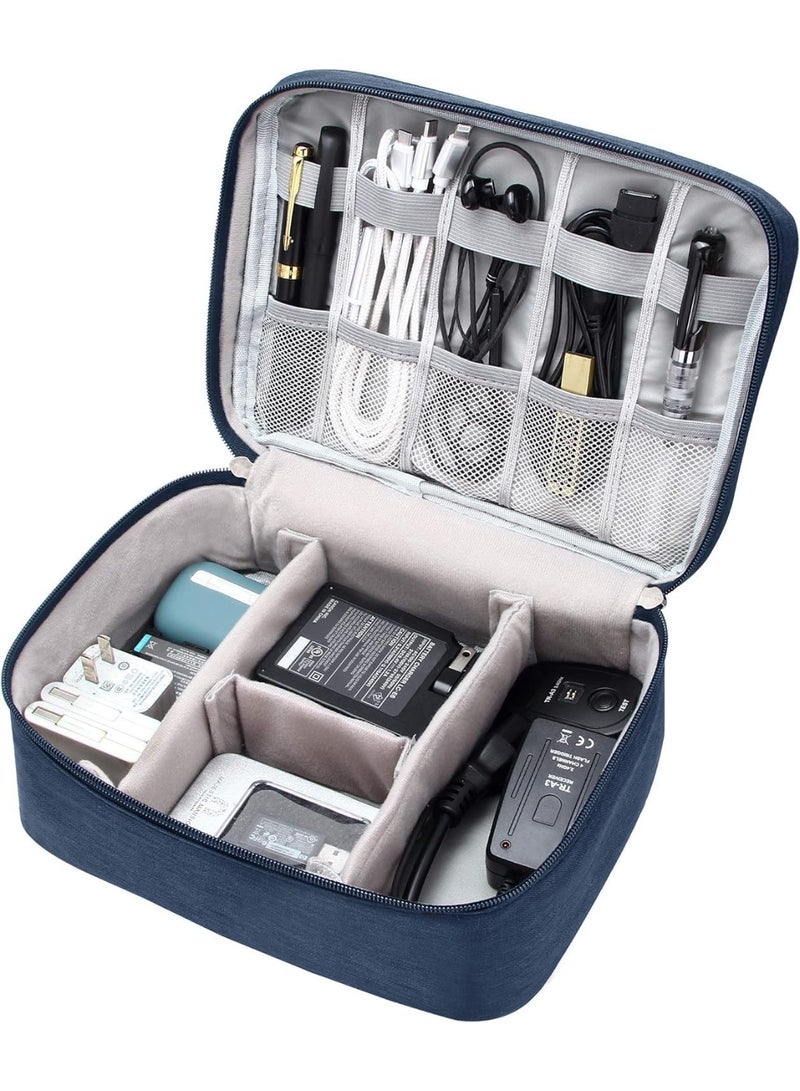 Big Travel Universal Cable Organizer Waterproof Carrying Bag, Gadgets Electronics Accessories Storage Case for Charger, USB Cables, Earphone, Ipad Mini, Phone, SD Card, Power Bank (Navy) - Image 1