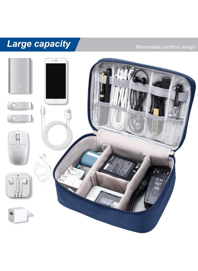 Big Travel Universal Cable Organizer Waterproof Carrying Bag, Gadgets Electronics Accessories Storage Case for Charger, USB Cables, Earphone, Ipad Mini, Phone, SD Card, Power Bank (Navy) - Image 2