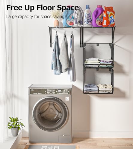 BigPonPon 2 Pack Laundry Room Shelves Organization And Storage,Wall Mounted Clothes Drying Rack With Wire Mesh Basket Over Washer And Dryer,Large Capacity Floating Wall Shelf For Bathroom,Kitchen,Storeroom - Image 4