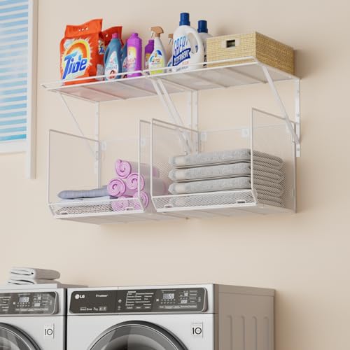 BigPonPon 2 Pack Laundry Room Shelves Organization And Storage,Wall Mounted Clothes Drying Rack With Wire Mesh Basket Over Washer And Dryer,Large Capacity Floating Wall Shelf For Bathroom,Kitchen,Storeroom - Image 1