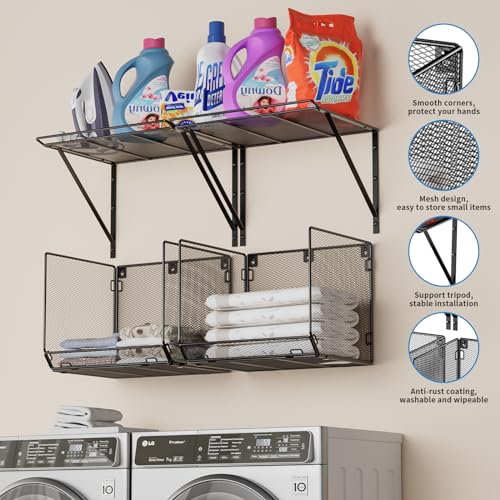 BigPonPon 2 Pack Laundry Room Shelves Organization And Storage,Wall Mounted Clothes Drying Rack With Wire Mesh Basket Over Washer And Dryer,Large Capacity Floating Wall Shelf For Bathroom,Kitchen,Storeroom - Image 2
