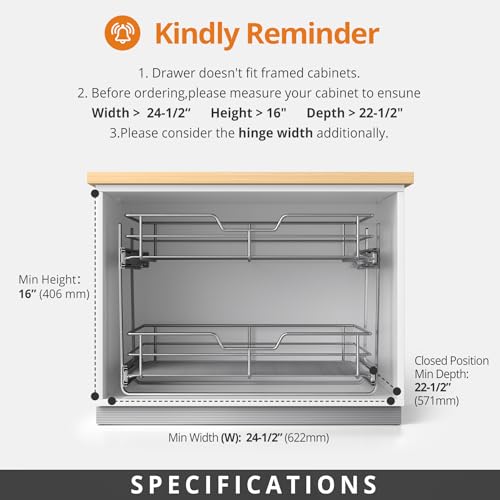ZOINLIY Pull Out Cabinet Organizer, Versatile Slide Out Kitchen Organizers and Storage,Heavy Duty Drawer Cupboard Storage Basket, Smooth Sliding, Chrome Finish (2-Tiers-24¼''W×22“D) - Image 4