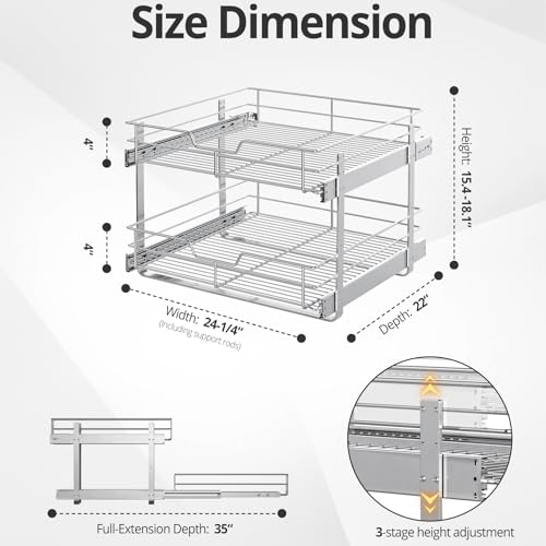 ZOINLIY Pull Out Cabinet Organizer, Versatile Slide Out Kitchen Organizers and Storage,Heavy Duty Drawer Cupboard Storage Basket, Smooth Sliding, Chrome Finish (2-Tiers-24¼''W×22“D) - Image 3