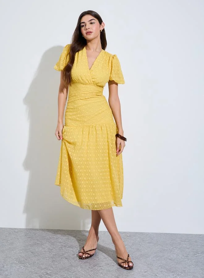 Styli Yellow Dobby Flared Midi Dress