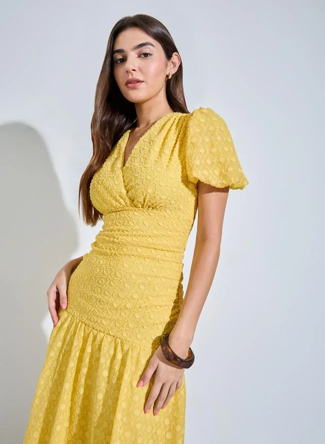 Styli Yellow Dobby Flared Midi Dress
